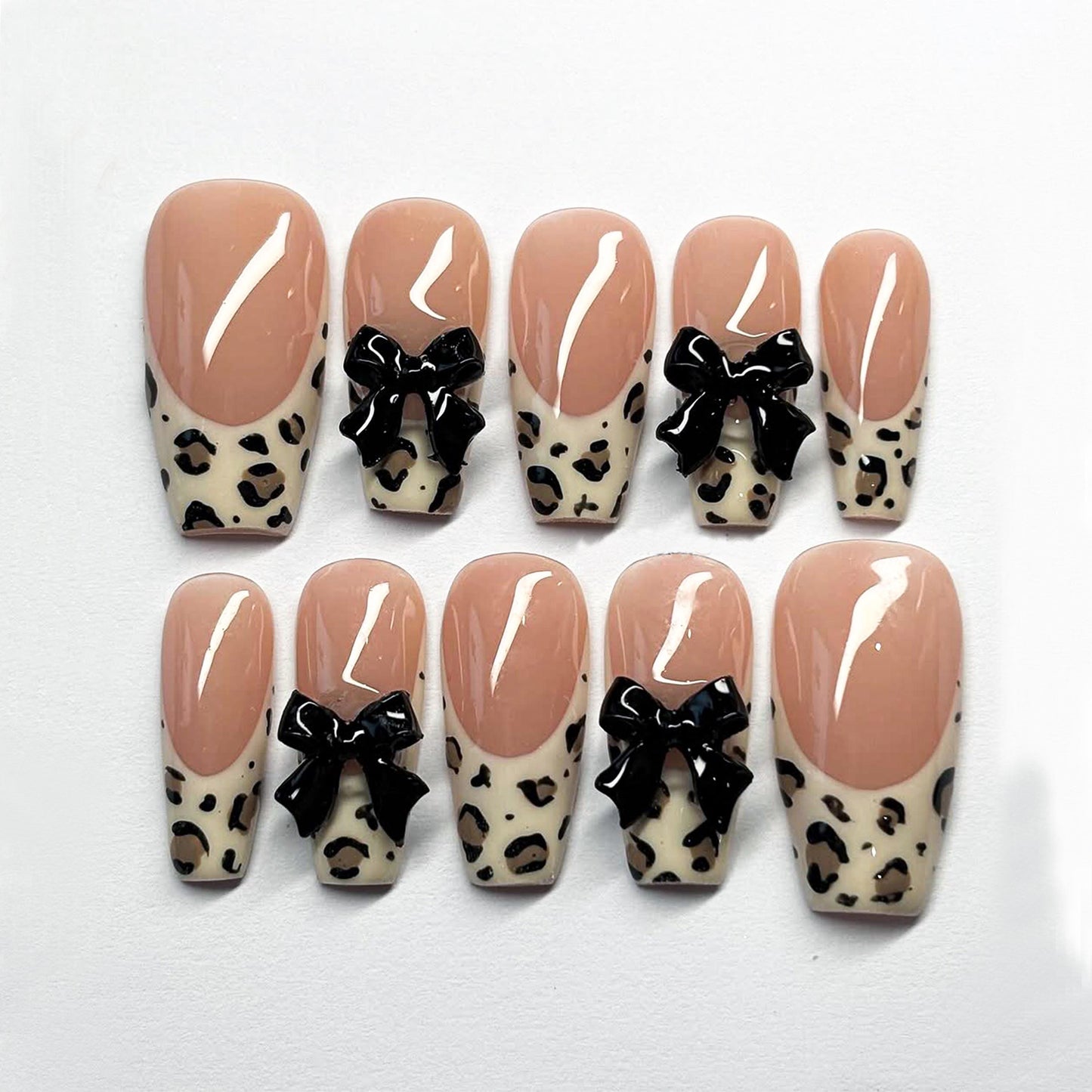 Leopard Print French Tip Nails with 3D - Leopard French Tip Bow Nails