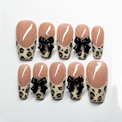 Leopard Print French Tip Nails with 3D - Leopard French Tip Bow Nails