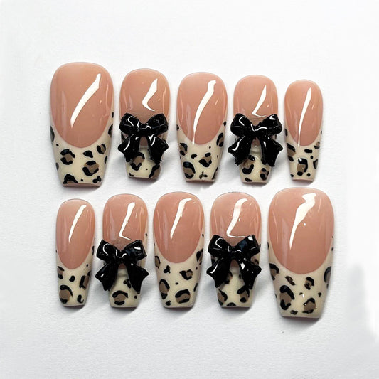 Leopard Print French Tip Nails with 3D - Leopard French Tip Bow Nails