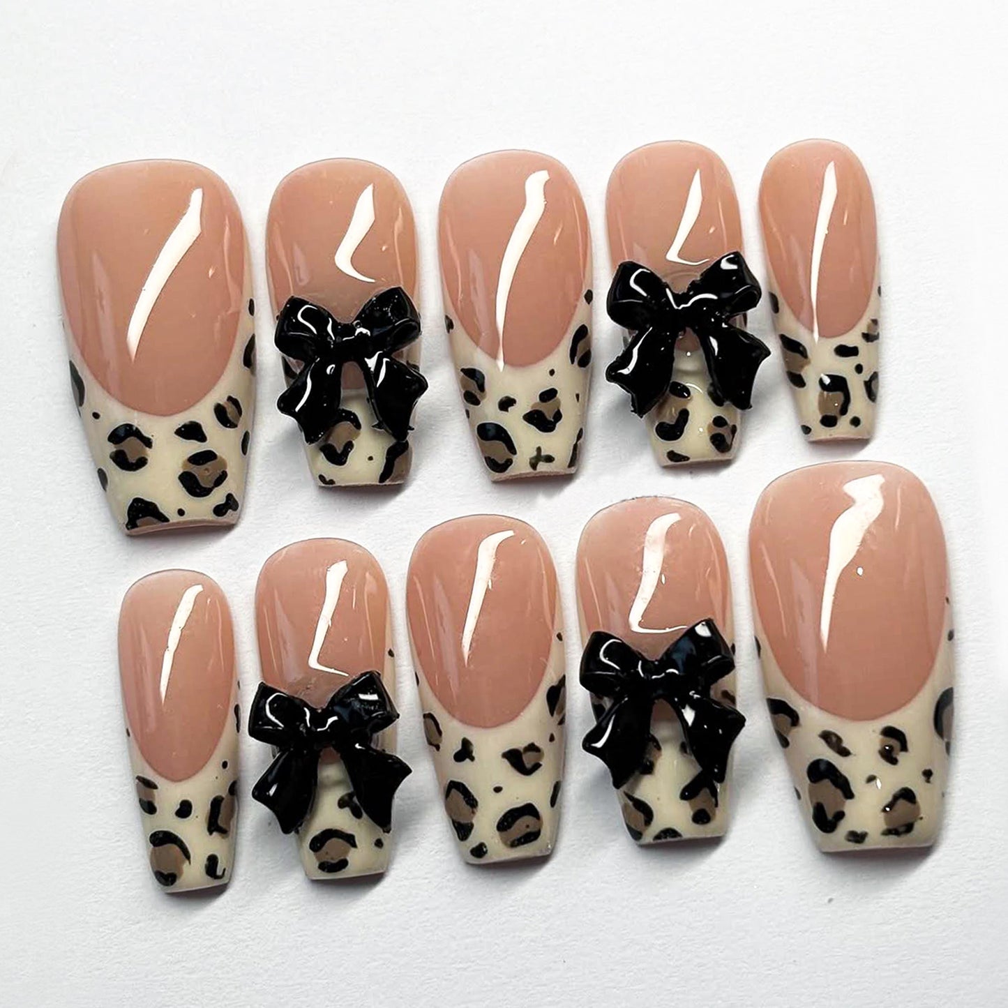 Leopard Print French Tip Nails with 3D - Leopard French Tip Bow Nails
