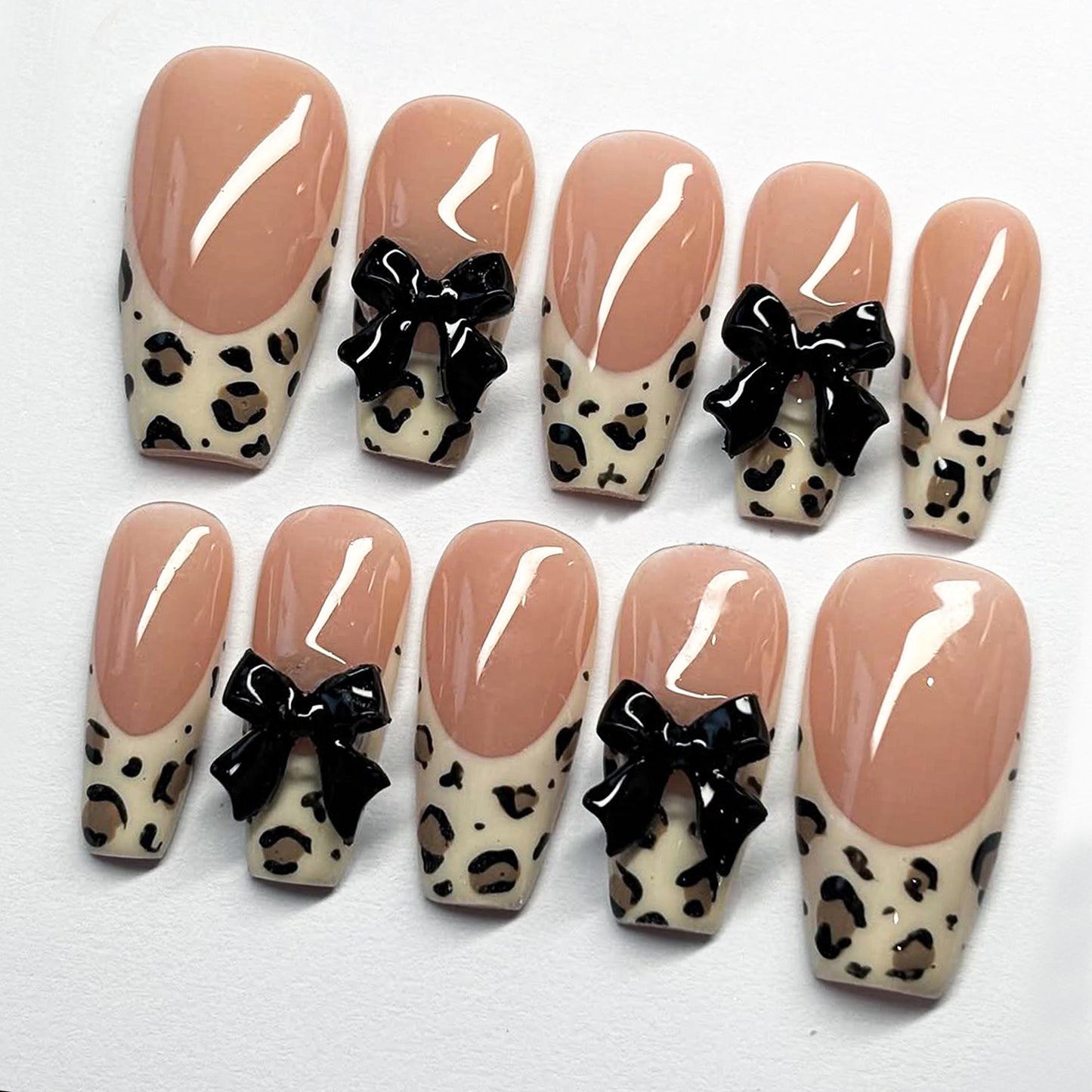 Leopard Print French Tip Nails with 3D - Leopard French Tip Bow Nails
