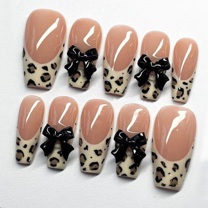 Leopard Print French Tip Nails with 3D - Leopard French Tip Bow Nails