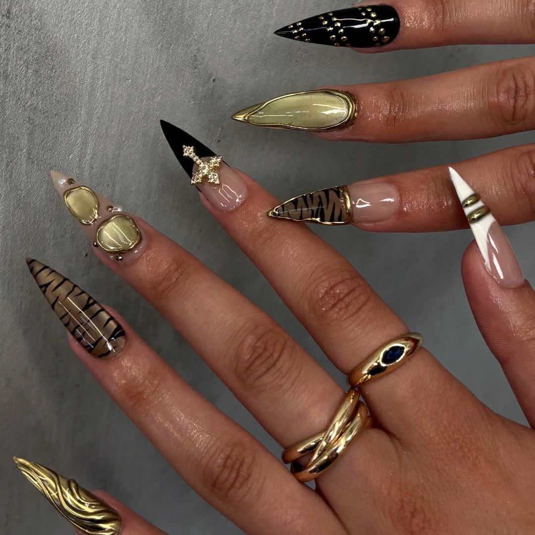 Leopard Print Gold Accent Stiletto Press On Nail Set