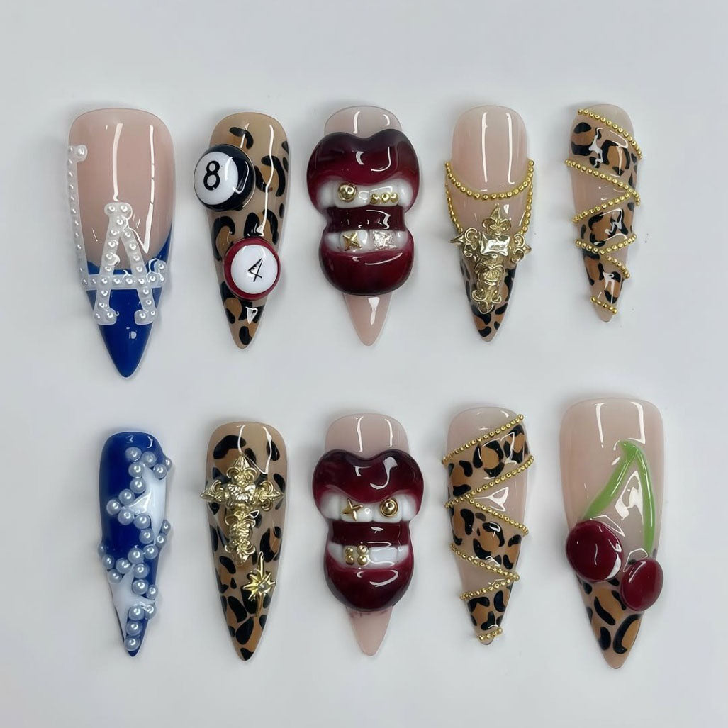 Leopard Print and Cherry Accent Press On Nails with Red Lips and Gold Cross Details