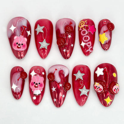 Handmade Loopy Cartoon Press On Nails - Loopy Pink Bear Cartoon Nails