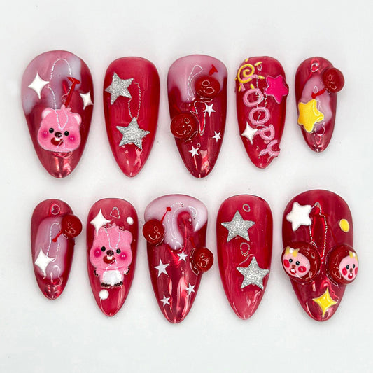 Handmade Loopy Cartoon Press On Nails - Loopy Pink Bear Cartoon Nails