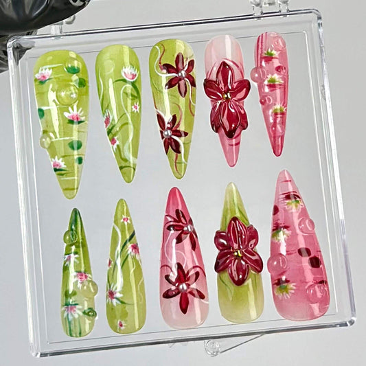 Lotus Garden Bloom 3D Press On Nail Set