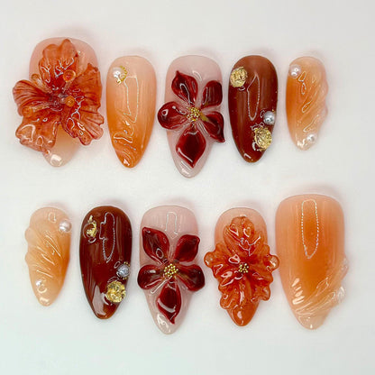 Luxe 3D Floral Press-On Nails, Autumn Glow Set