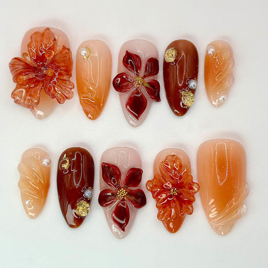 Luxe 3D Floral Press-On Nails, Autumn Glow Set