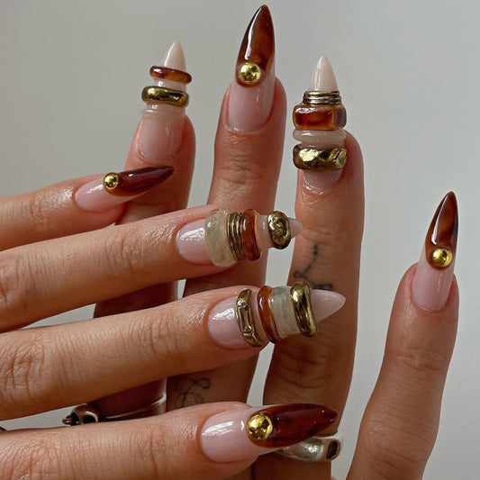 Luxe Brown & Gold Press On Nails  - 3D Stacked Gold Accent Press On Nails