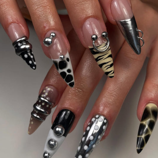 Luxury 3D Black and Silver Stiletto Press-On Nails with Animal Prints