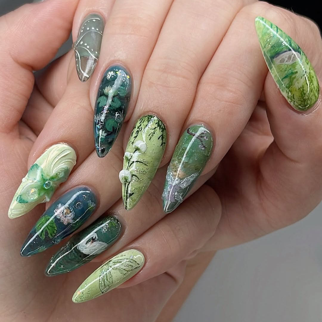 Luxury 3D Green Nature Press-On Nails with Floral Garden Art