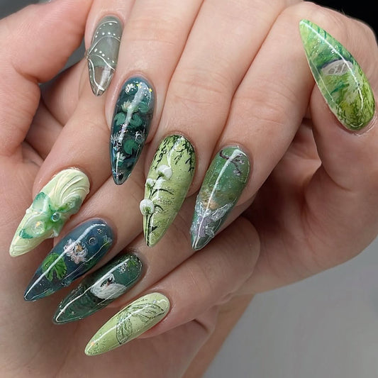 Luxury 3D Green Nature Press-On Nails with Floral Garden Art