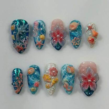 Luxury 3D Mermaid Ocean Shell Flower Almond Handmade Press On Nails