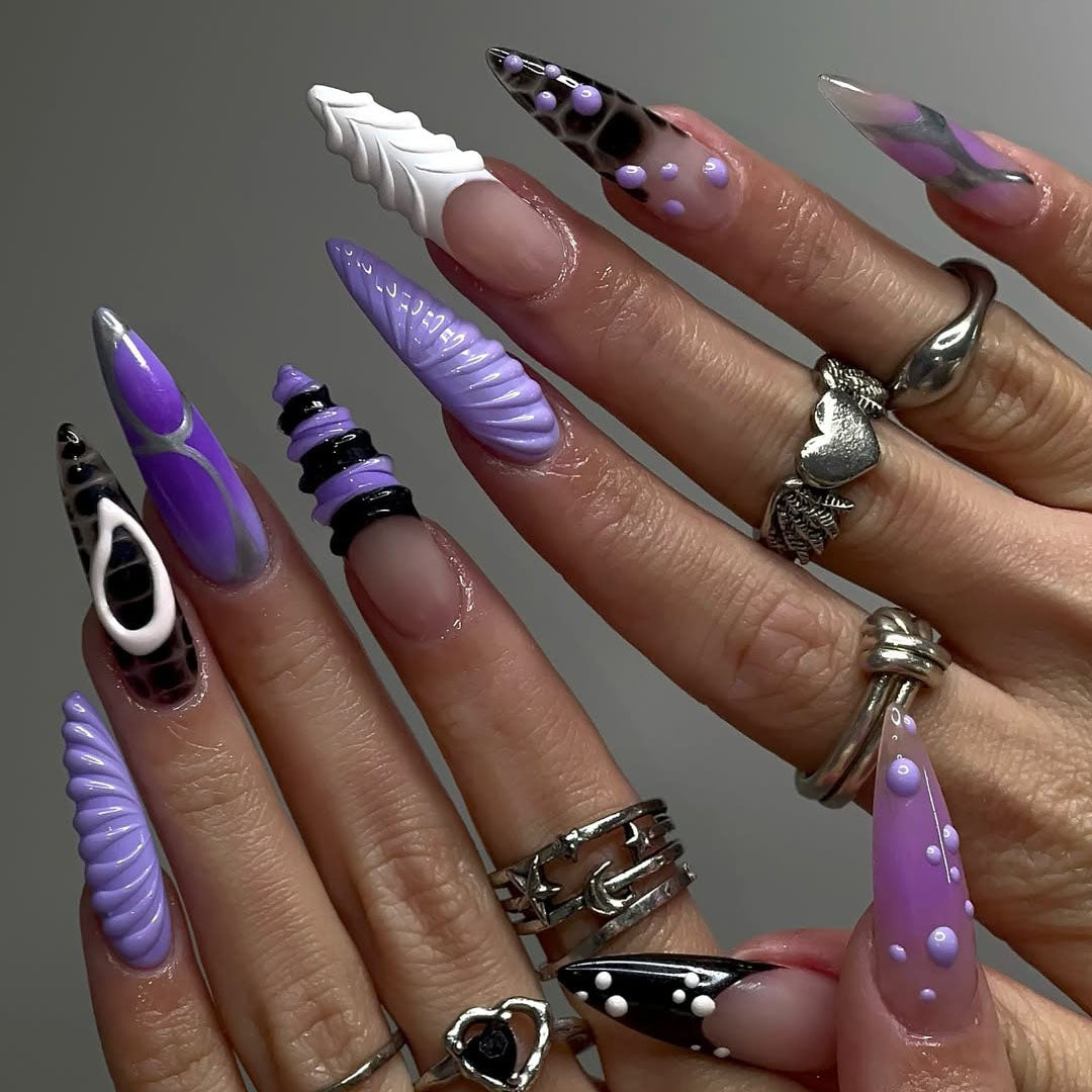 Luxury 3D Purple and Black Stiletto Press-On Nails with Abstract Design