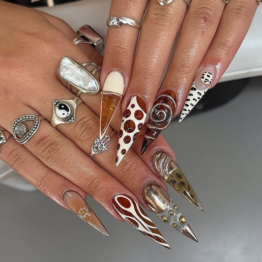 Luxury Abstract Brown and Gold 3D Stiletto Press-On Nails