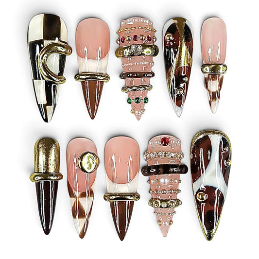 Luxury Brown Gold Handmade Press On Nail Set