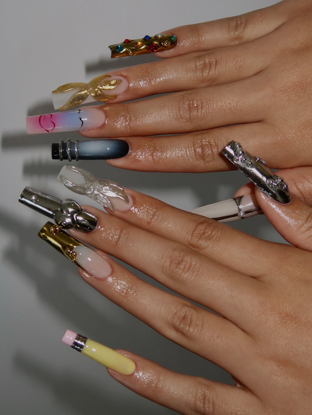 Luxury Chrome Bow and Metallic Gradient Press On Nails Set