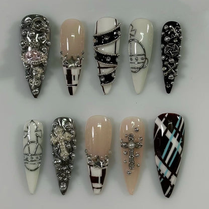 Luxury Gothic Black White Press On Nails Handmade 3D