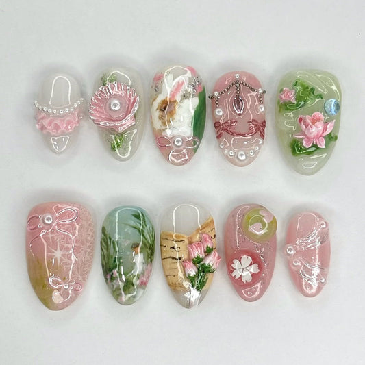 Luxury Handmade 3D Press On Nails with Floral and Pearl Accents