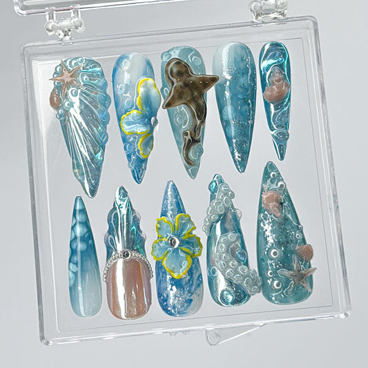 Luxury Mermaid Ocean Press On Nails Set with 3D Seashell Art