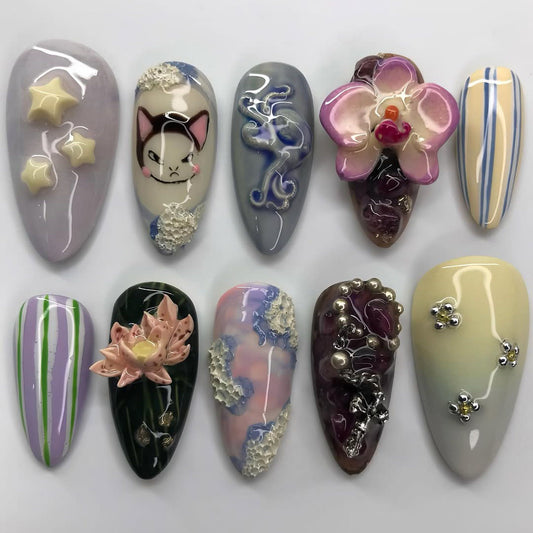 Luxury Pastel Multi-Color 3D Press-On Nails with Floral and Whimsical Accents