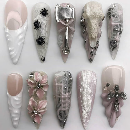 Luxury Pink and White 3D Press-On Nails with Gothic Accents
