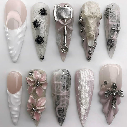 Luxury Pink and White 3D Press-On Nails with Gothic Accents