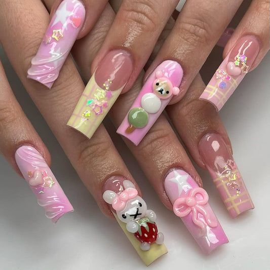 Luxury Pink and Yellow 3D Press-On Nails with Cute Character Accents