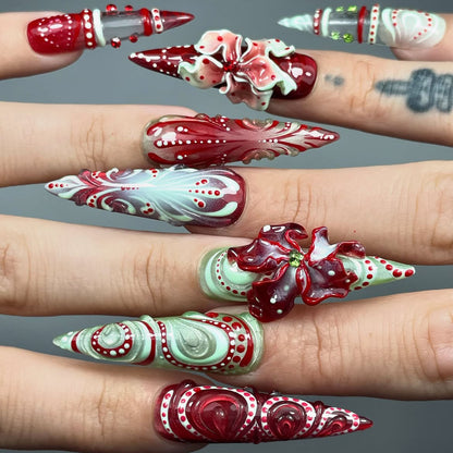 Luxury Sculptural Red Floral Stiletto Hand Painted Press On Nail Set