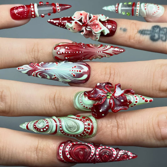 Luxury Sculptural Red Floral Stiletto Hand Painted Press On Nail Set