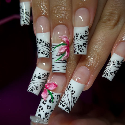 Luxury White and Black 3D Press-On Nails with Floral and Animal Print Accents