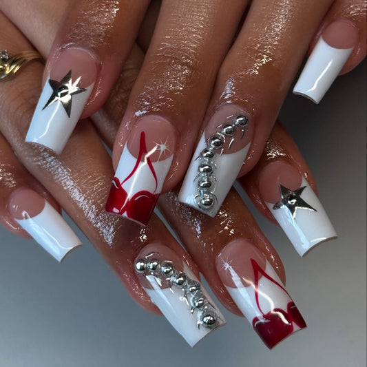 Luxury White and Red 3D Press-On Nails with Star and Heart Accents