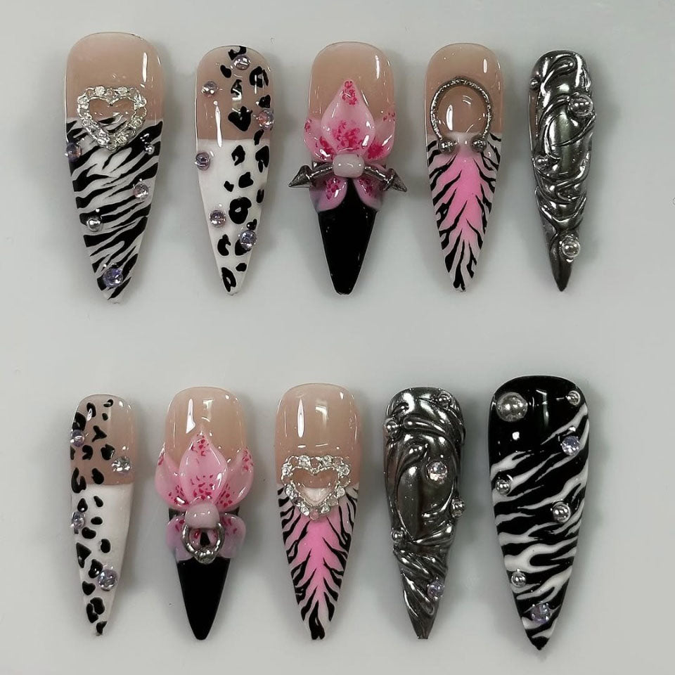 Luxury Zebra Pink Press On Nails Handmade 3D Set
