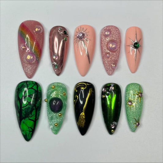 Magic Forest Press On Nail Set Fairy Witch Green Pink Design