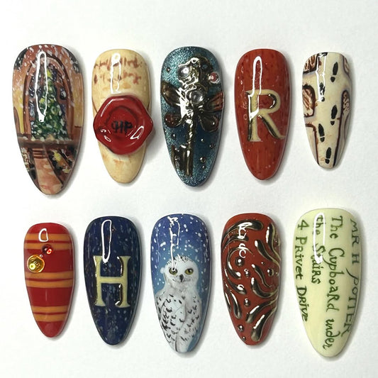Magic Owl & Vintage Letter Press On Nails with Gold Seal and Book-Inspired Details