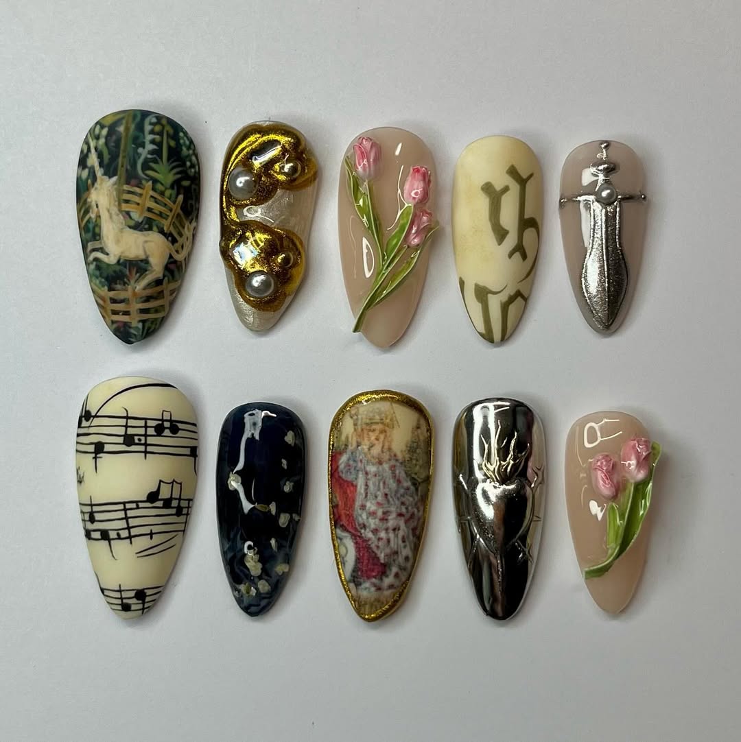 Medieval Royalty Nail Set with Unicorn, Sword, Crown and Music Notes