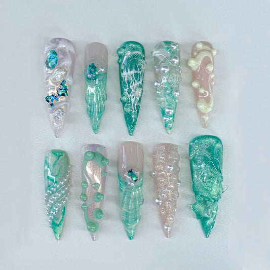 Mermaid 3D Pearl Press-On Nails – Ocean Green Jelly Design