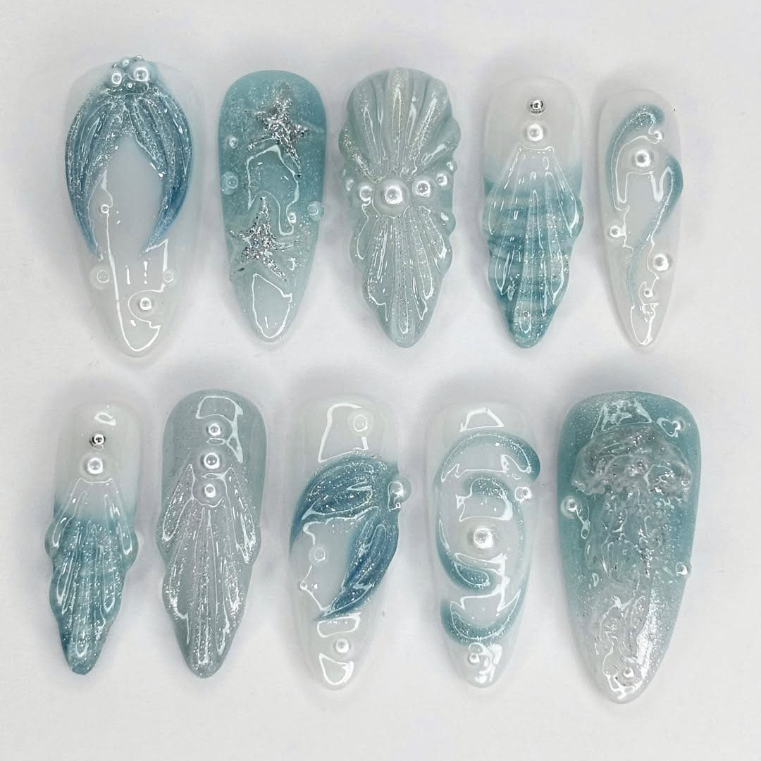 Mermaid Ocean Shell Press On Nails Handmade Art Set