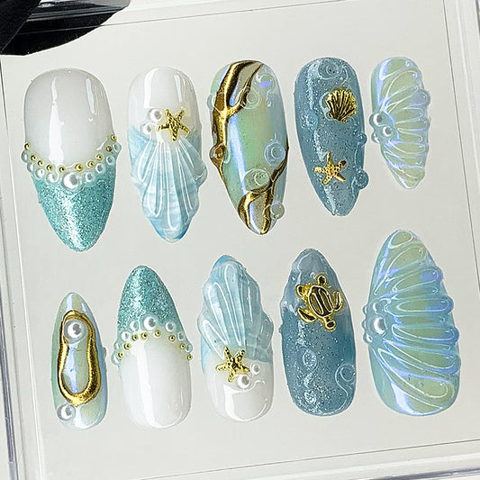 Mermaid Pearl Seashell Ocean Press On Nails