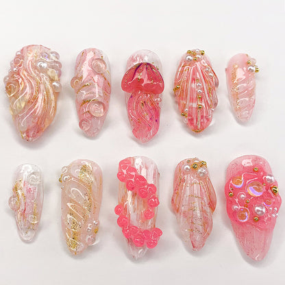 Mermaid Pink Gold Pearl 3D Press On Nails