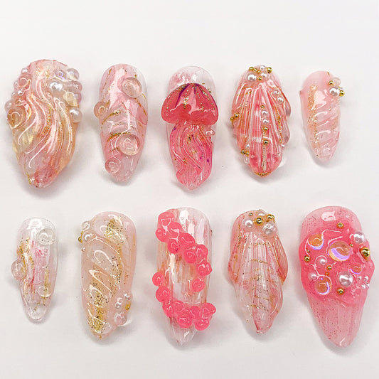 Mermaid Pink Gold Pearl 3D Press On Nails