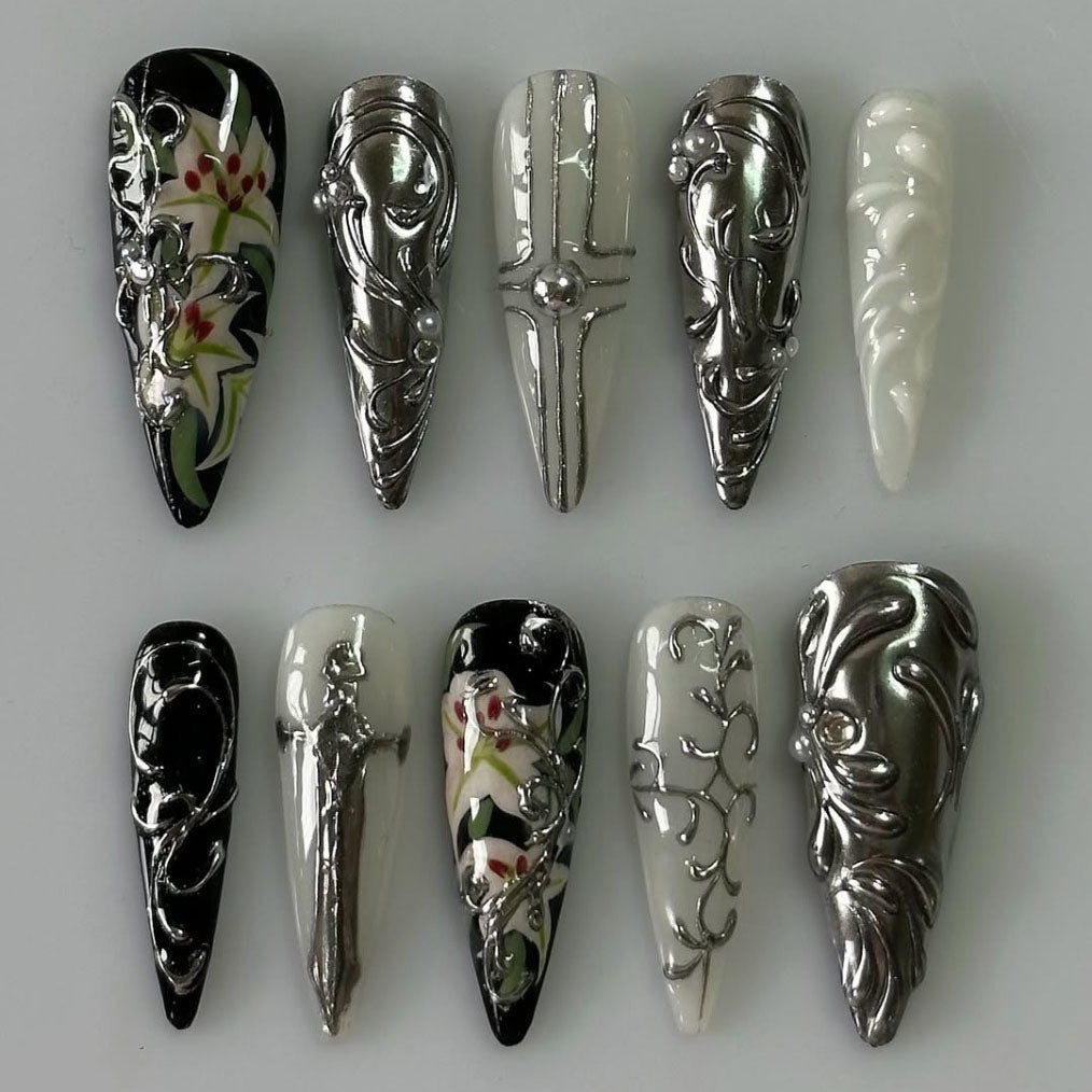 Metallic Gothic Armor Press On Nails Black White Silver Sculpted Art Set