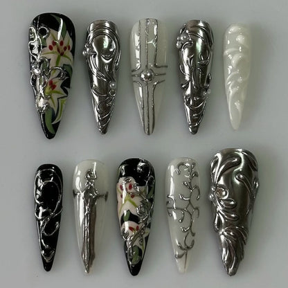 Metallic Gothic Armor Press On Nails Black White Silver Sculpted Art Set