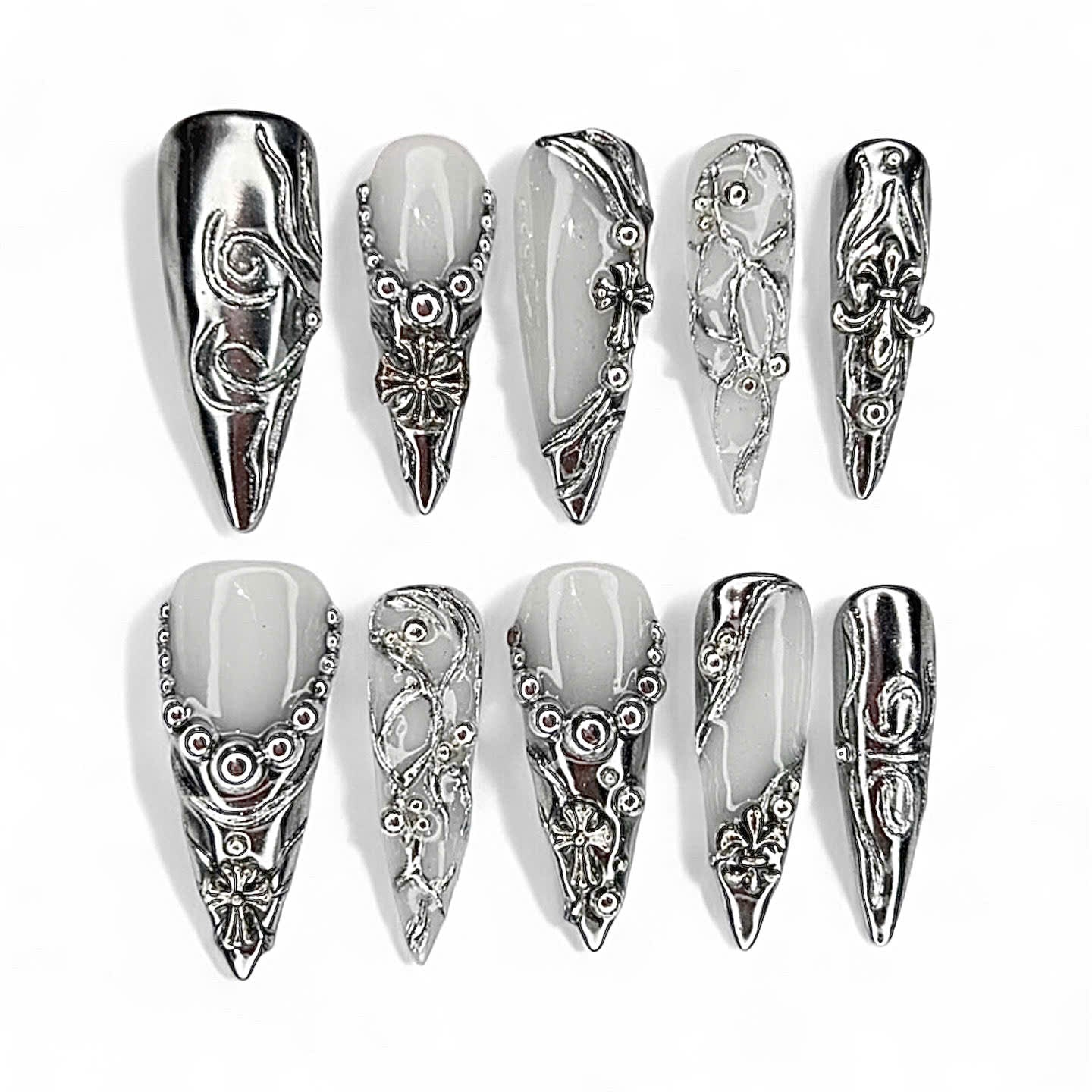 Metallic Gothic Press On Nail Set Vintage Silver Armor Design