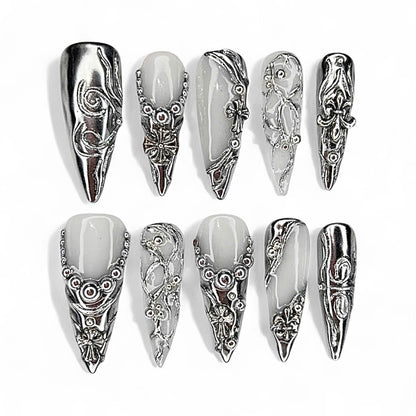 Metallic Gothic Press On Nail Set Vintage Silver Armor Design