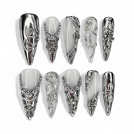 Metallic Gothic Press On Nail Set Vintage Silver Armor Design