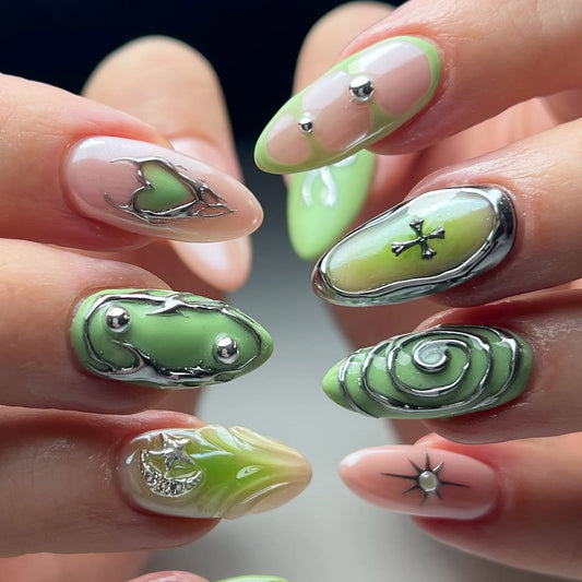 Metallic Green Y2K Press On Nails Chrome Aliencore Set