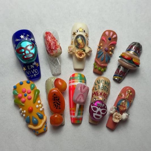 Mexican Culture 3D Press On Nails with Lucha Libre & Folk Art Accents