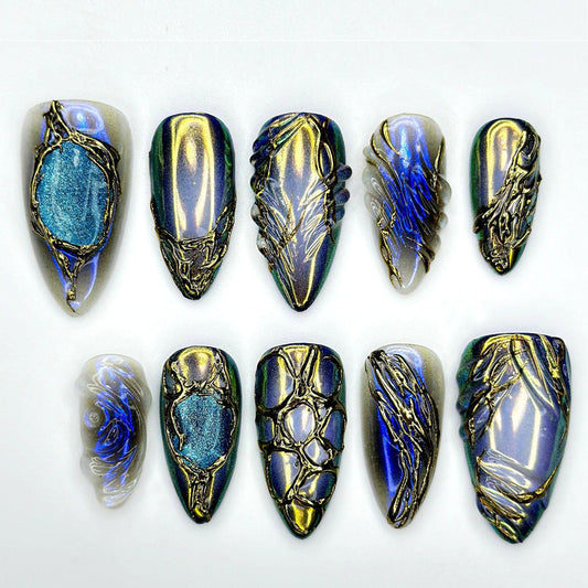 Midnight Armor Metallic 3D Press On Nail Set